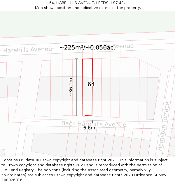 64, HAREHILLS AVENUE, LEEDS, LS7 4EU: Plot and title map