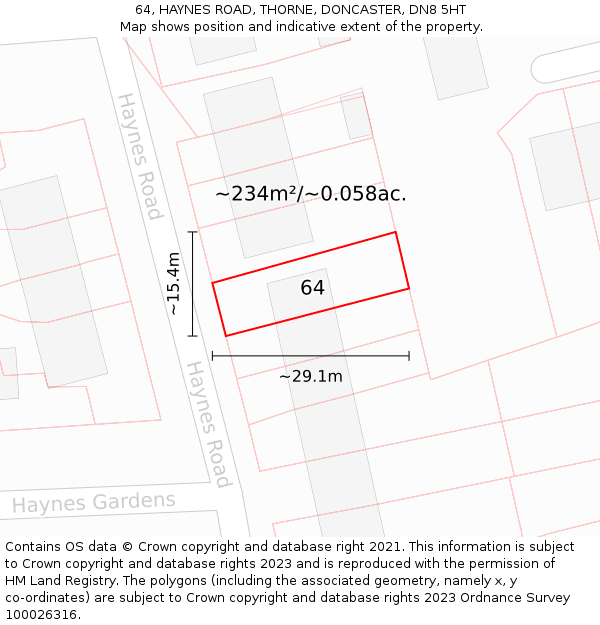 64, HAYNES ROAD, THORNE, DONCASTER, DN8 5HT: Plot and title map