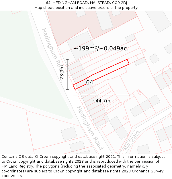 64, HEDINGHAM ROAD, HALSTEAD, CO9 2DJ: Plot and title map