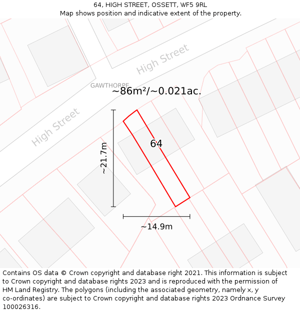 64, HIGH STREET, OSSETT, WF5 9RL: Plot and title map