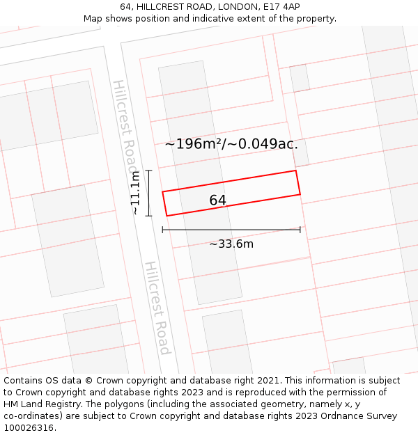 64, HILLCREST ROAD, LONDON, E17 4AP: Plot and title map