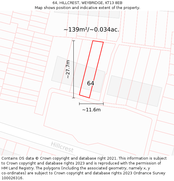 64, HILLCREST, WEYBRIDGE, KT13 8EB: Plot and title map