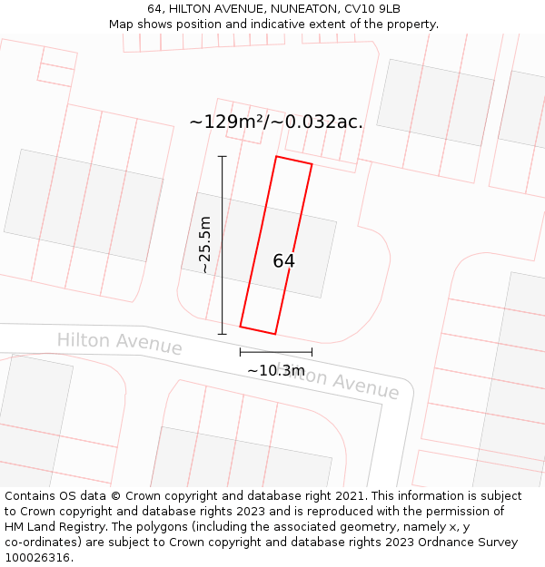 64, HILTON AVENUE, NUNEATON, CV10 9LB: Plot and title map