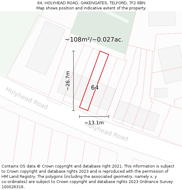 64, HOLYHEAD ROAD, OAKENGATES, TELFORD, TF2 6BN: Plot and title map