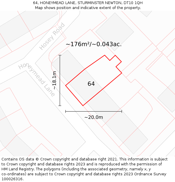 64, HONEYMEAD LANE, STURMINSTER NEWTON, DT10 1QH: Plot and title map