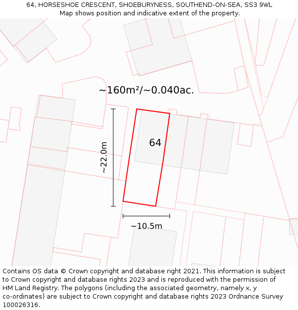 64, HORSESHOE CRESCENT, SHOEBURYNESS, SOUTHEND-ON-SEA, SS3 9WL: Plot and title map