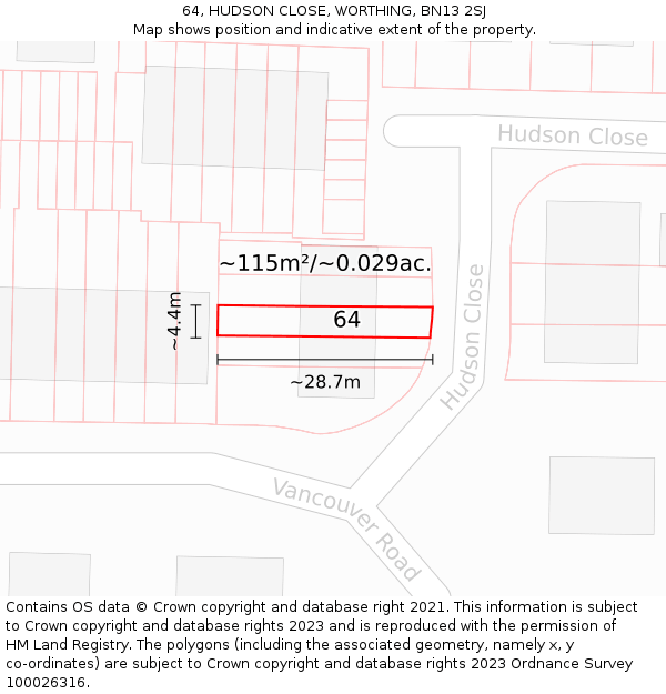64, HUDSON CLOSE, WORTHING, BN13 2SJ: Plot and title map