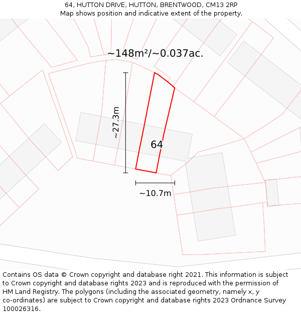 64, HUTTON DRIVE, HUTTON, BRENTWOOD, CM13 2RP: Plot and title map