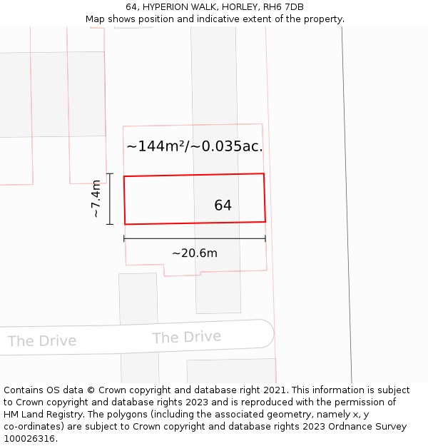 64, HYPERION WALK, HORLEY, RH6 7DB: Plot and title map