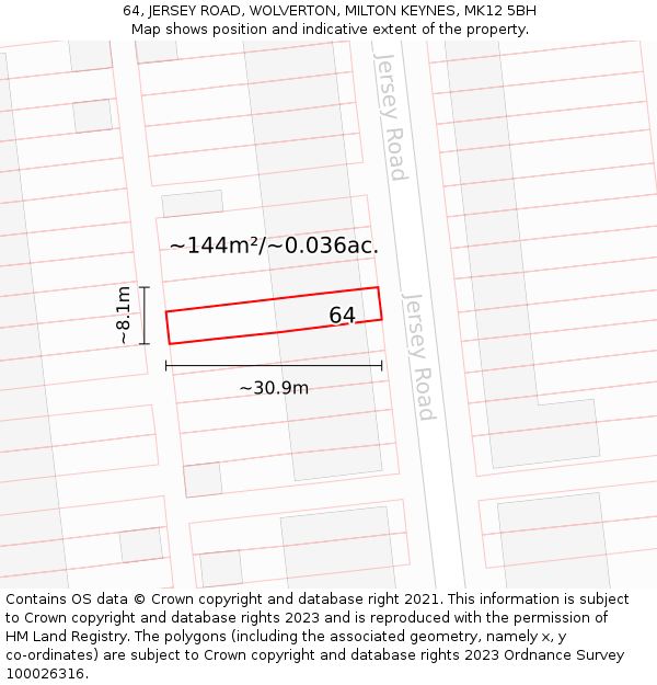 64, JERSEY ROAD, WOLVERTON, MILTON KEYNES, MK12 5BH: Plot and title map