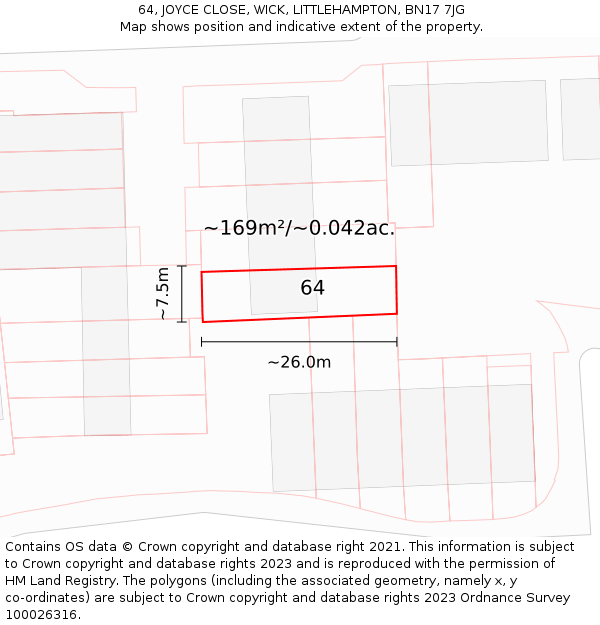 64, JOYCE CLOSE, WICK, LITTLEHAMPTON, BN17 7JG: Plot and title map