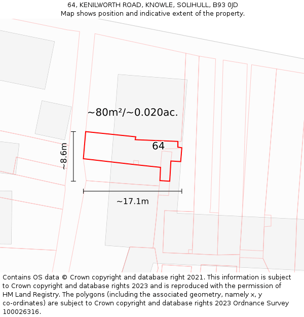 64, KENILWORTH ROAD, KNOWLE, SOLIHULL, B93 0JD: Plot and title map