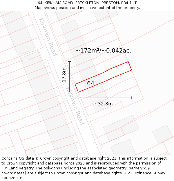 64, KIRKHAM ROAD, FRECKLETON, PRESTON, PR4 1HT: Plot and title map