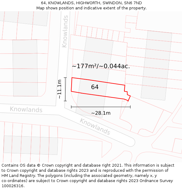 64, KNOWLANDS, HIGHWORTH, SWINDON, SN6 7ND: Plot and title map