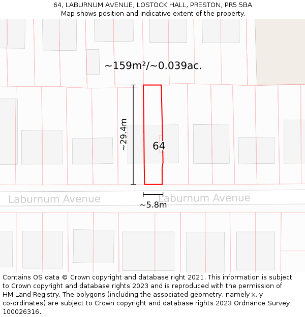 64, LABURNUM AVENUE, LOSTOCK HALL, PRESTON, PR5 5BA: Plot and title map
