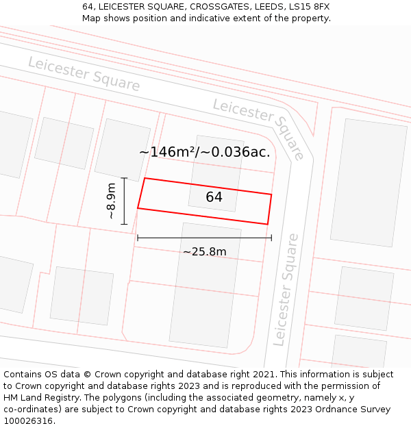 64, LEICESTER SQUARE, CROSSGATES, LEEDS, LS15 8FX: Plot and title map