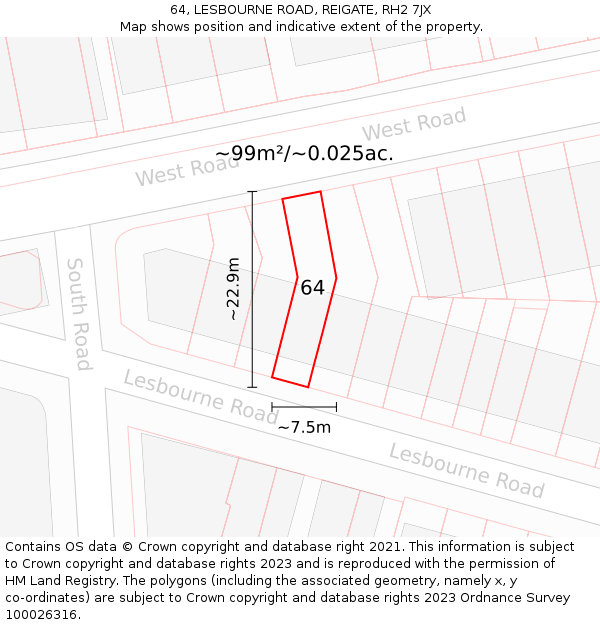64, LESBOURNE ROAD, REIGATE, RH2 7JX: Plot and title map