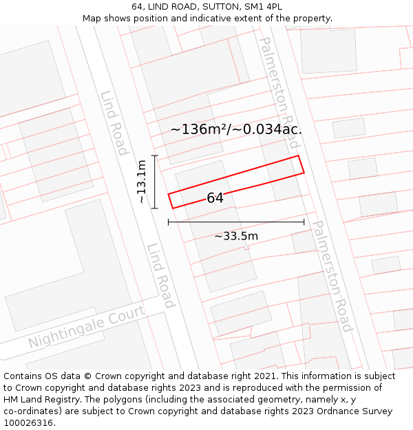 64, LIND ROAD, SUTTON, SM1 4PL: Plot and title map