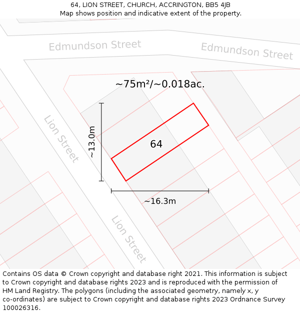 64, LION STREET, CHURCH, ACCRINGTON, BB5 4JB: Plot and title map