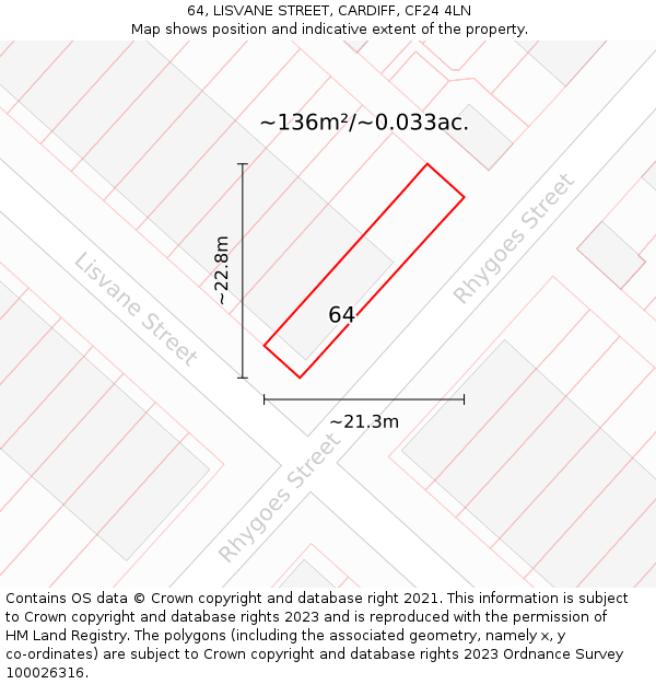 64, LISVANE STREET, CARDIFF, CF24 4LN: Plot and title map