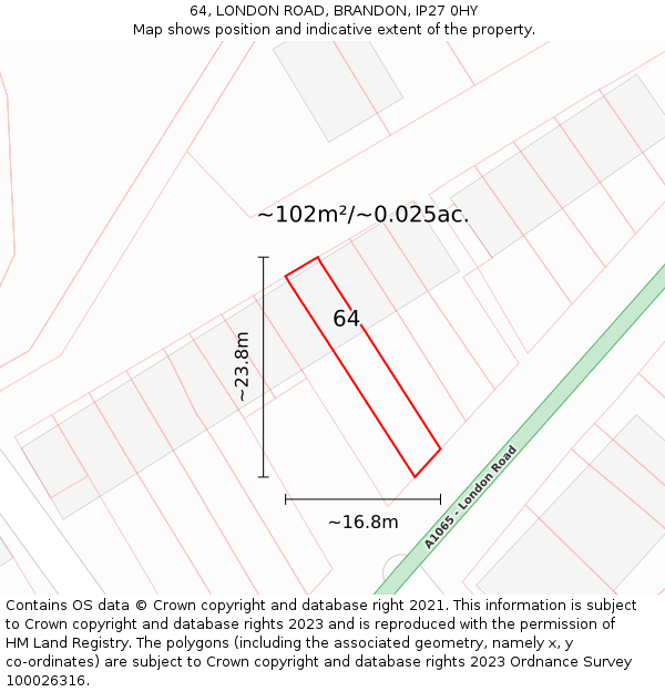 64, LONDON ROAD, BRANDON, IP27 0HY: Plot and title map