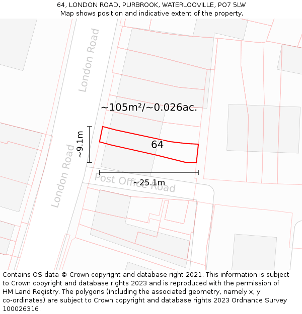 64, LONDON ROAD, PURBROOK, WATERLOOVILLE, PO7 5LW: Plot and title map