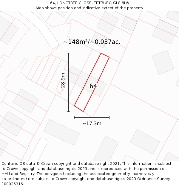 64, LONGTREE CLOSE, TETBURY, GL8 8LW: Plot and title map