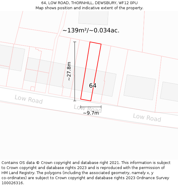64, LOW ROAD, THORNHILL, DEWSBURY, WF12 0PU: Plot and title map