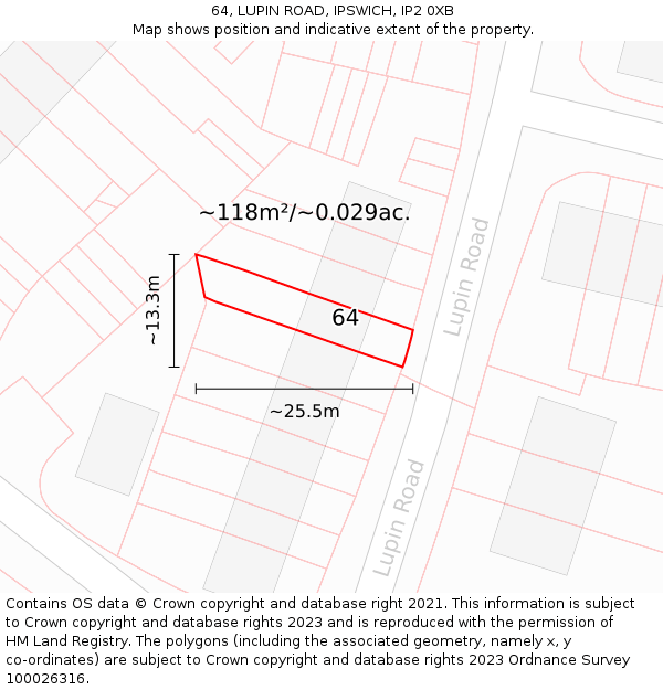 64, LUPIN ROAD, IPSWICH, IP2 0XB: Plot and title map