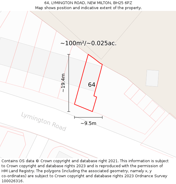 64, LYMINGTON ROAD, NEW MILTON, BH25 6PZ: Plot and title map
