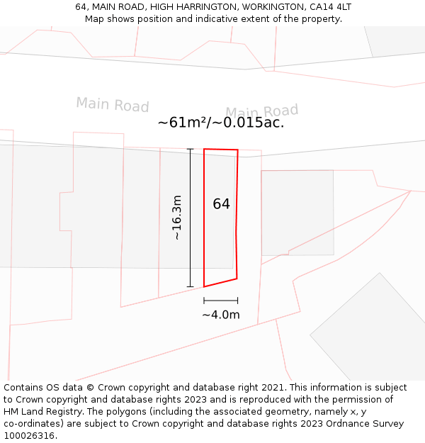 64, MAIN ROAD, HIGH HARRINGTON, WORKINGTON, CA14 4LT: Plot and title map