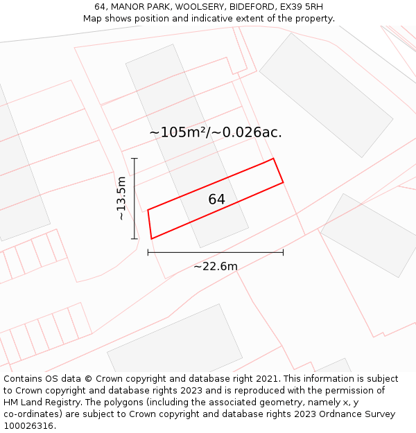 64, MANOR PARK, WOOLSERY, BIDEFORD, EX39 5RH: Plot and title map