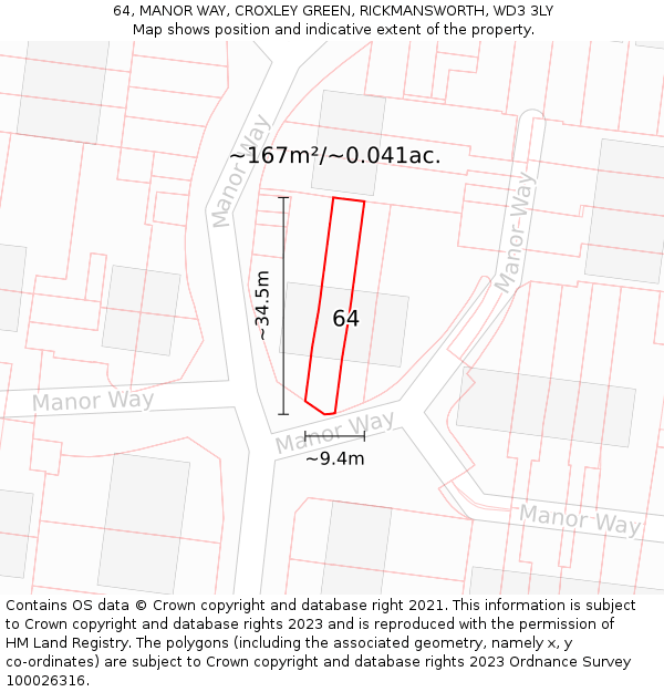 64, MANOR WAY, CROXLEY GREEN, RICKMANSWORTH, WD3 3LY: Plot and title map