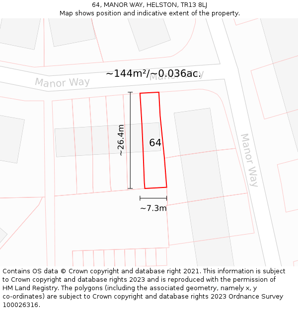 64, MANOR WAY, HELSTON, TR13 8LJ: Plot and title map