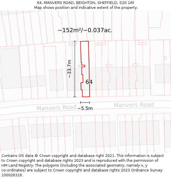 64, MANVERS ROAD, BEIGHTON, SHEFFIELD, S20 1AY: Plot and title map