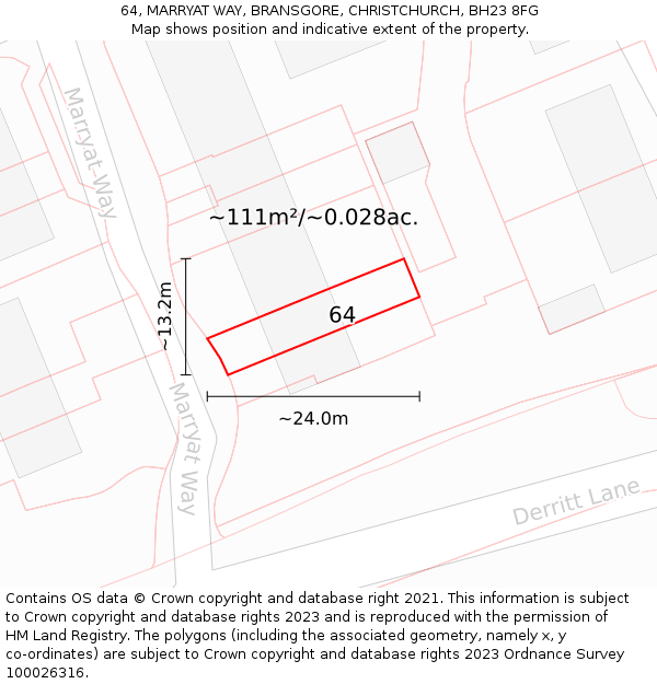 64, MARRYAT WAY, BRANSGORE, CHRISTCHURCH, BH23 8FG: Plot and title map