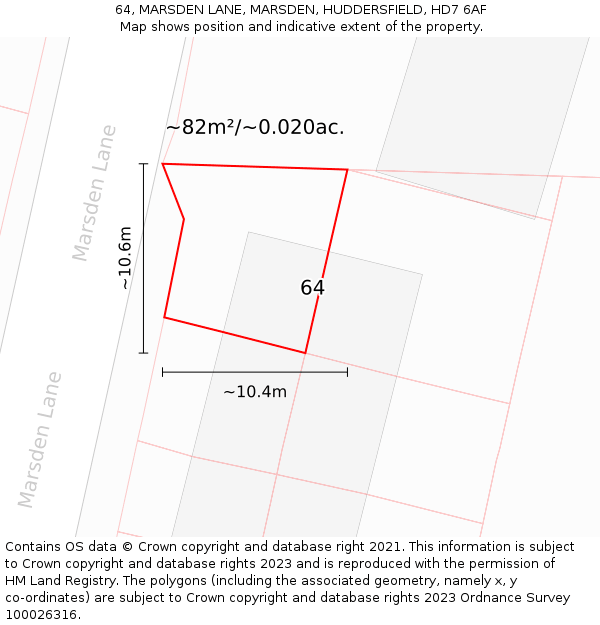 64, MARSDEN LANE, MARSDEN, HUDDERSFIELD, HD7 6AF: Plot and title map