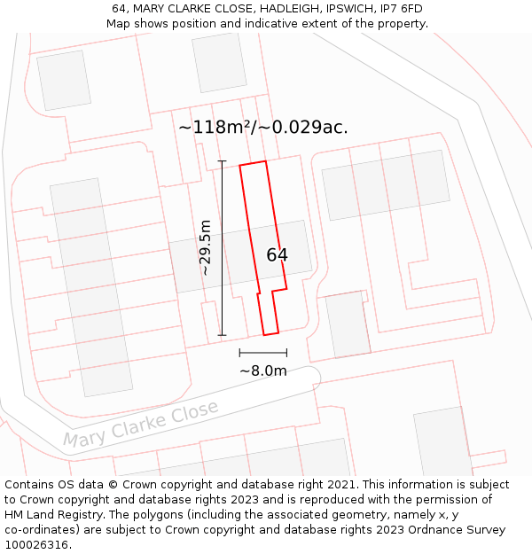 64, MARY CLARKE CLOSE, HADLEIGH, IPSWICH, IP7 6FD: Plot and title map