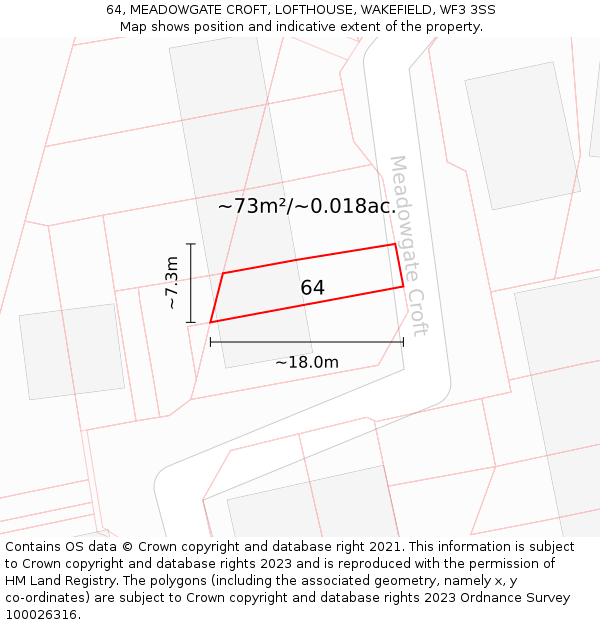 64, MEADOWGATE CROFT, LOFTHOUSE, WAKEFIELD, WF3 3SS: Plot and title map