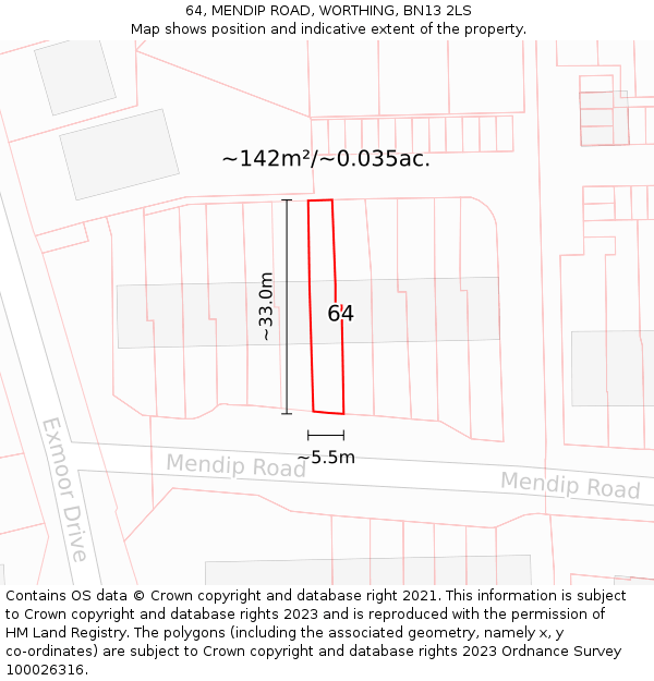 64, MENDIP ROAD, WORTHING, BN13 2LS: Plot and title map