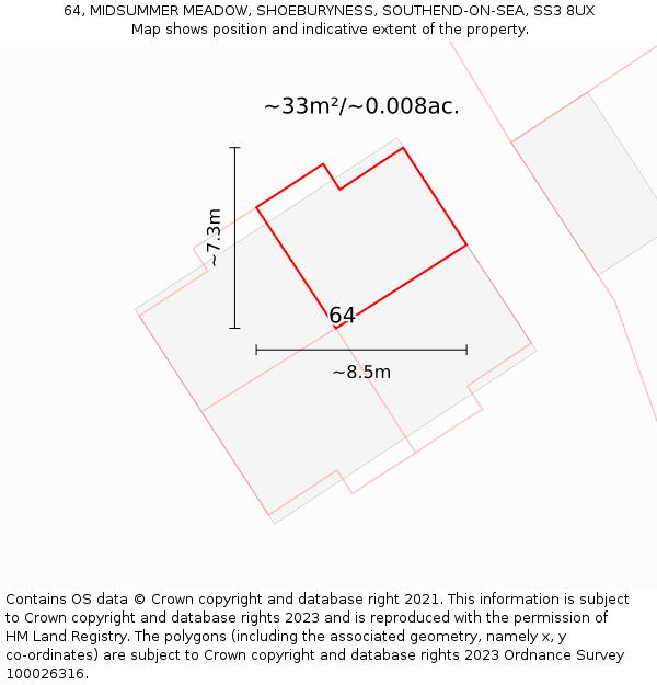 64, MIDSUMMER MEADOW, SHOEBURYNESS, SOUTHEND-ON-SEA, SS3 8UX: Plot and title map