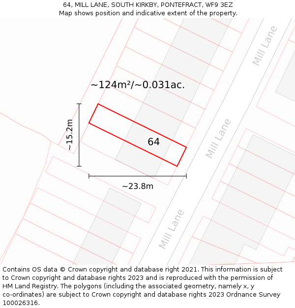 64, MILL LANE, SOUTH KIRKBY, PONTEFRACT, WF9 3EZ: Plot and title map