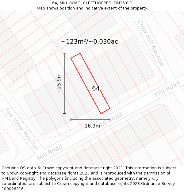 64, MILL ROAD, CLEETHORPES, DN35 8JD: Plot and title map