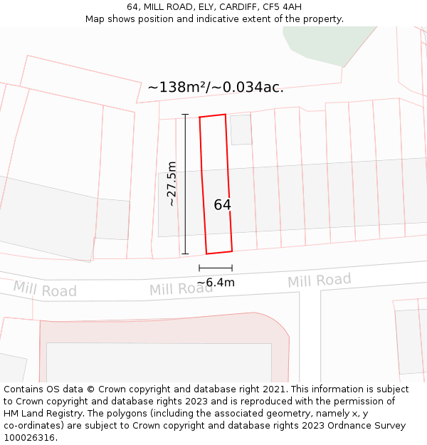 64, MILL ROAD, ELY, CARDIFF, CF5 4AH: Plot and title map