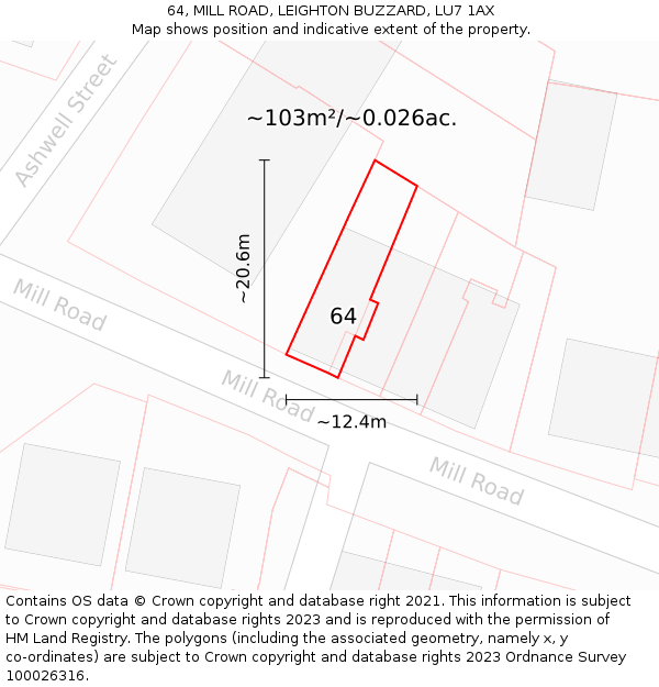 64, MILL ROAD, LEIGHTON BUZZARD, LU7 1AX: Plot and title map