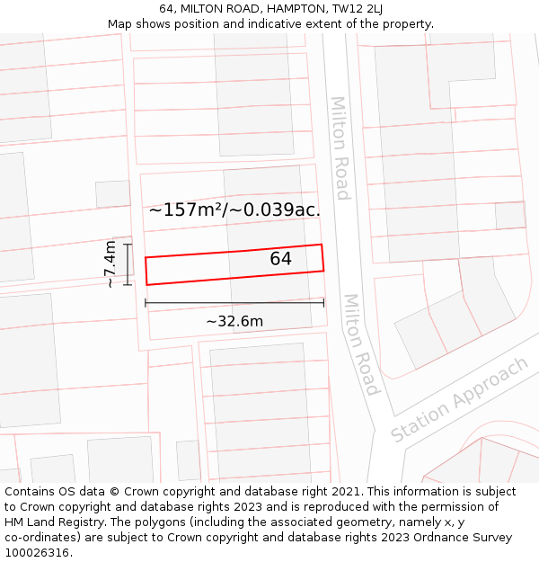 64, MILTON ROAD, HAMPTON, TW12 2LJ: Plot and title map