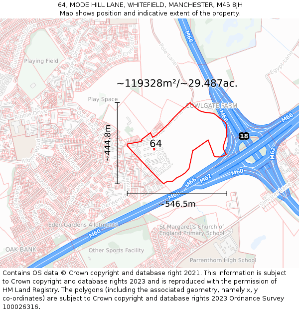 64, MODE HILL LANE, WHITEFIELD, MANCHESTER, M45 8JH: Plot and title map
