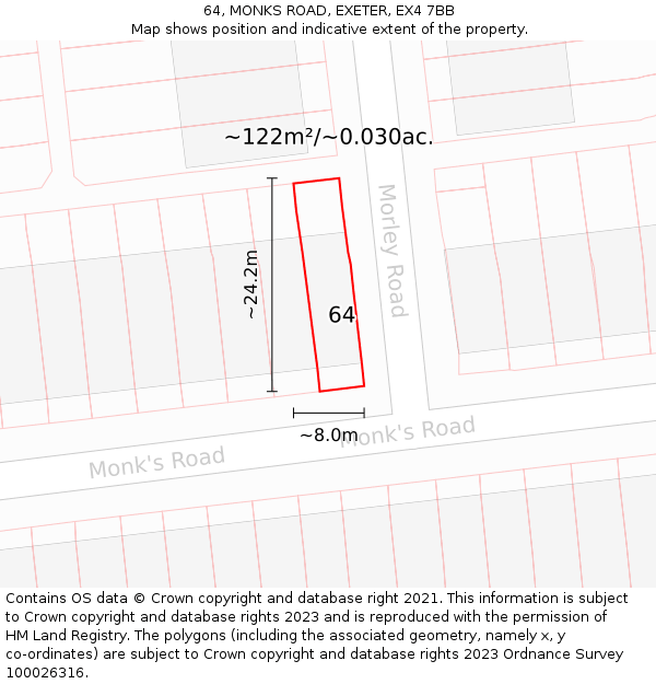 64, MONKS ROAD, EXETER, EX4 7BB: Plot and title map