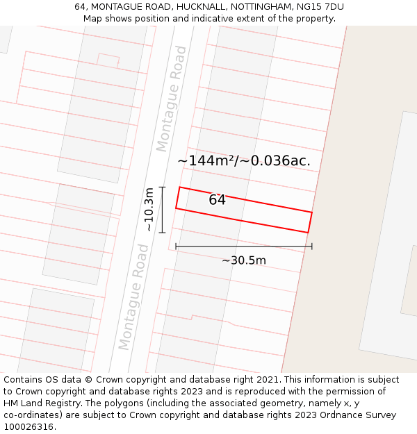 64, MONTAGUE ROAD, HUCKNALL, NOTTINGHAM, NG15 7DU: Plot and title map