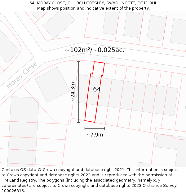 64, MORAY CLOSE, CHURCH GRESLEY, SWADLINCOTE, DE11 9HL: Plot and title map